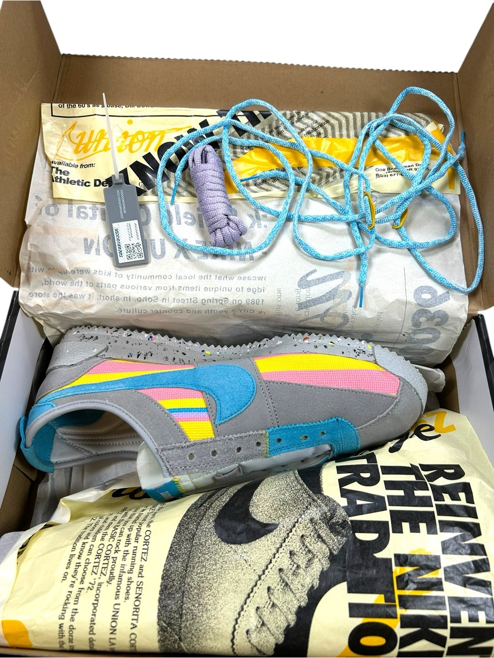 Nike Union LA Cortez SP Grey Fog Blue Pink Yellow Men’s Size 12 DR1413-002 Rare - Picture 9 of 14